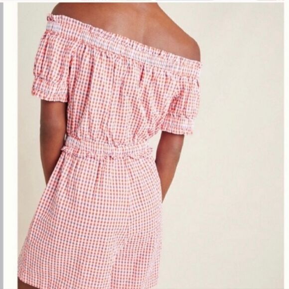 Anthropologie Gingham Off the Shoulder Seersucker Romper Size Medium - Picture 3 of 9